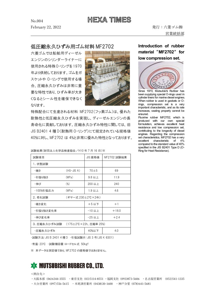 低圧縮永久 ひずみ用 ゴム材料 M F2702